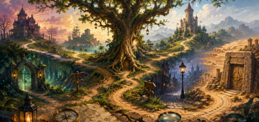 A wide fantasy landscape centered on a giant branching tree, with winding paths leading to a gothic mansion, pirate coast, castle, enchanted forest gate, foggy city street, and desert ruins, symbolizing the many branches of point-and-click adventure history.