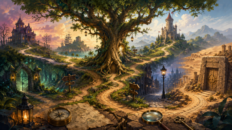 A wide fantasy landscape centered on a giant branching tree, with winding paths leading to a gothic mansion, pirate coast, castle, enchanted forest gate, foggy city street, and desert ruins, symbolizing the many branches of point-and-click adventure history.