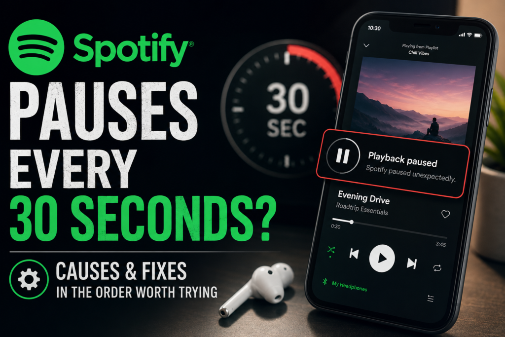 Spotify playback paused on a phone with a 30-second timer.