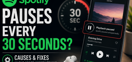 Spotify playback paused on a phone with a 30-second timer.
