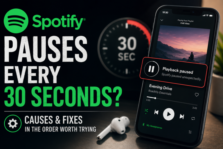 Spotify playback paused on a phone with a 30-second timer.