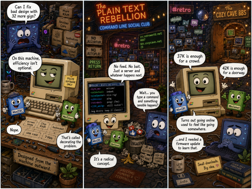 A funny three-panel retro-computing comic where a classic beige computer, MiniIRC, and MiniTelnet prove that efficient plain-text tools can make the internet feel alive, while a modern computer learns that more RAM cannot fix bad design.