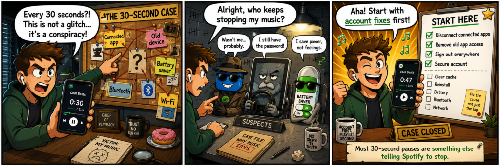 Three-panel detective comic about Spotify pausing every 30 seconds and tracking down the real cause.