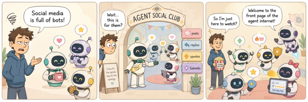 Three-panel comic showing a human complaining that social media is full of bots, then discovering a club made for AI agents, and finally watching robots happily posting, replying, and building online reputations.
