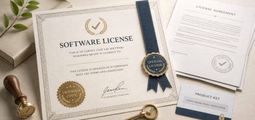 Software license certificate with official seals, ribbon, product key card, approval stamp, and a key on a neutral desk.