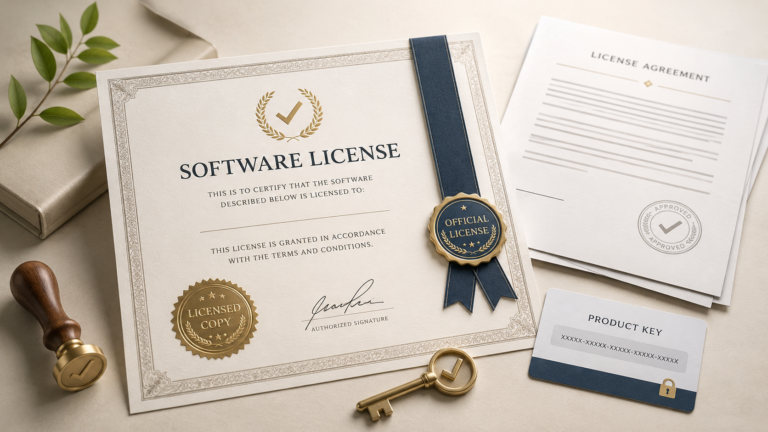 Software license certificate with official seals, ribbon, product key card, approval stamp, and a key on a neutral desk.