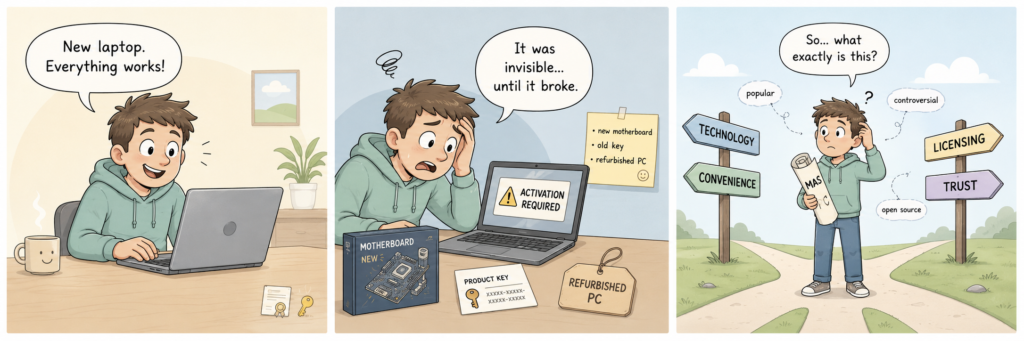 Three-panel comic showing a person happily using a new laptop, then facing an activation problem, and finally standing confused at a crossroads between technology, convenience, licensing, and trust.