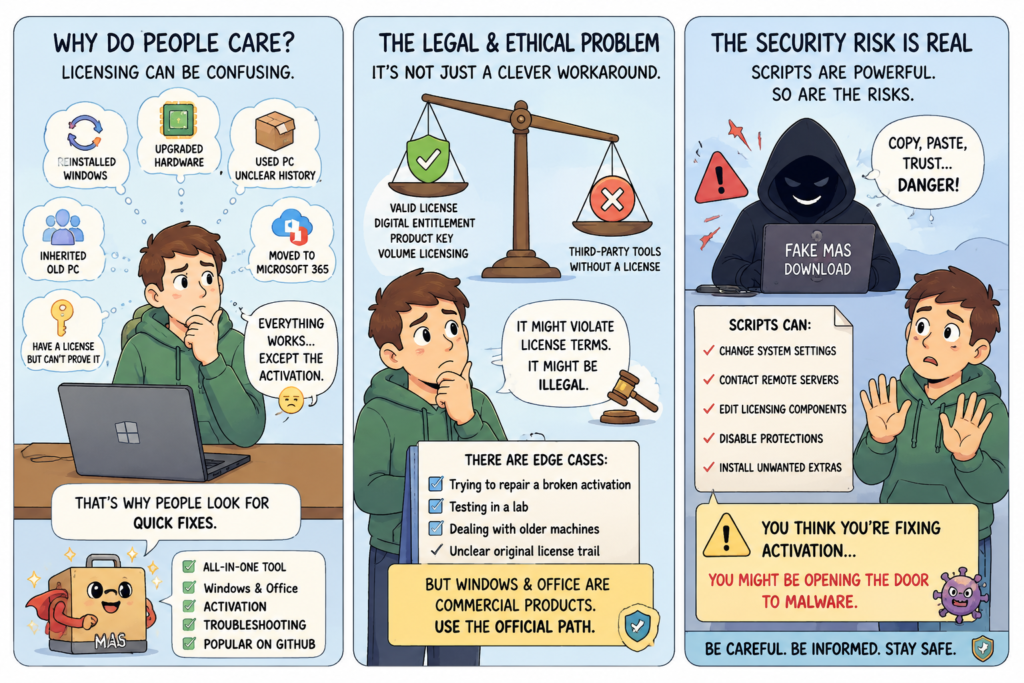 Three-panel comic showing a frustrated software user dealing with confusing license history, a tempting quick-fix button, and warnings about legal and security risks.