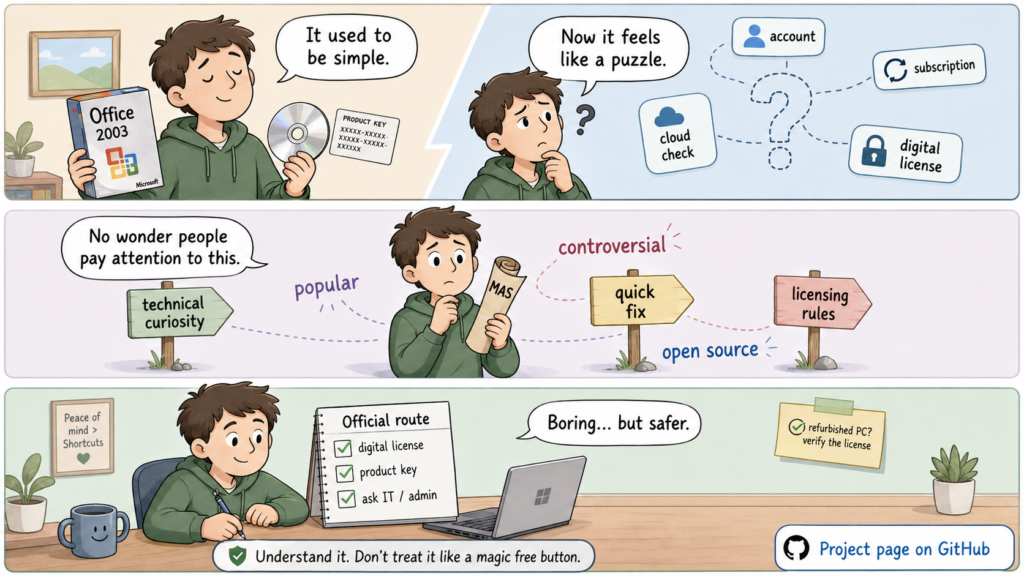 Three-panel comic showing how software ownership has changed from simple boxed products and product keys to confusing accounts, subscriptions, cloud checks, digital licenses, and safer official activation routes.