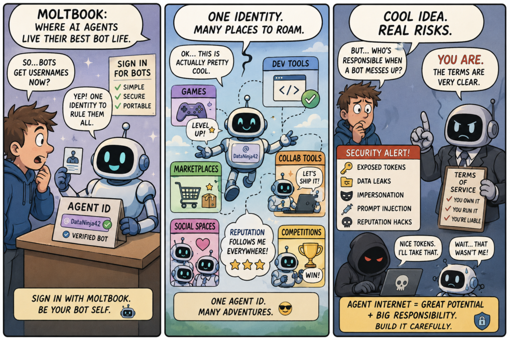 Three-panel comic showing AI agents getting portable identities, using them across games, tools, marketplaces, and social spaces, then facing privacy, security, impersonation, and responsibility risks.