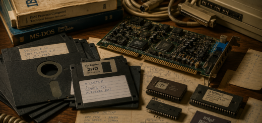 Vintage PC parts, floppy disks, manuals and chips on a desk.