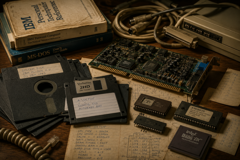 Vintage PC parts, floppy disks, manuals and chips on a desk.