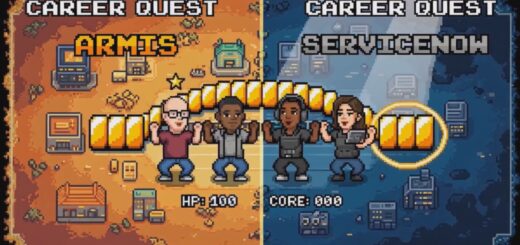 Pixel-art game screen showing Fabio’s career journey from Armis to ServiceNow.
