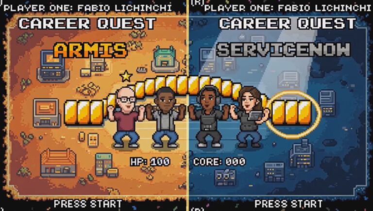 Pixel-art game screen showing Fabio’s career journey from Armis to ServiceNow.