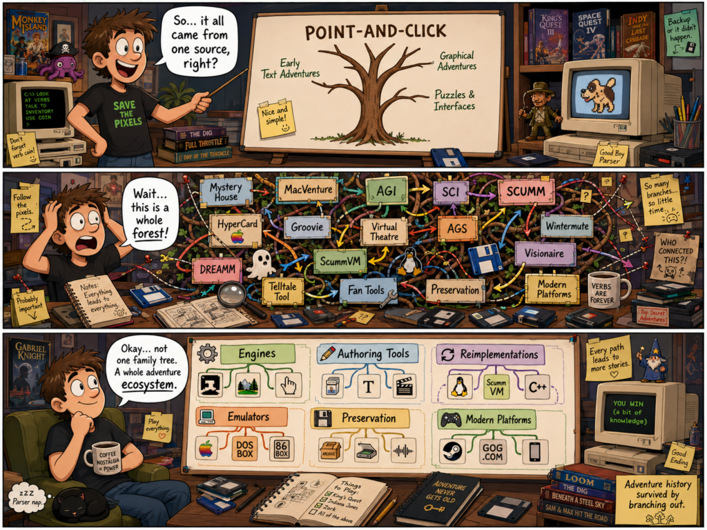 Three-panel comic of a retro-gaming fan explaining point-and-click adventure history. In the first panel, he presents a simple tree and assumes everything came from one source. In the second, he is overwhelmed by a tangled web of names like Mystery House, MacVenture, AGI, SCI, SCUMM, HyperCard, AGS, Wintermute, Visionaire, ScummVM, and DREAMM. In the third, he realizes it is not one family tree but a whole adventure-game ecosystem, with sections for engines, authoring tools, reimplementations, emulators, preservation, and modern platforms.