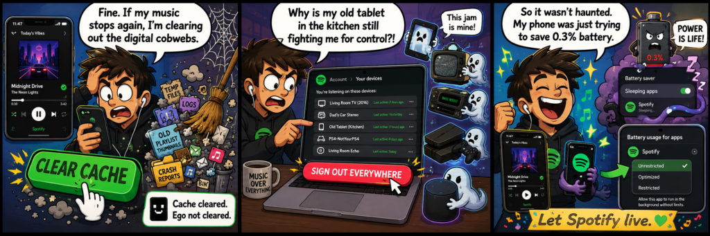 Three-panel comic about fixing Spotify pauses with cache clearing, signing out everywhere, and battery settings.