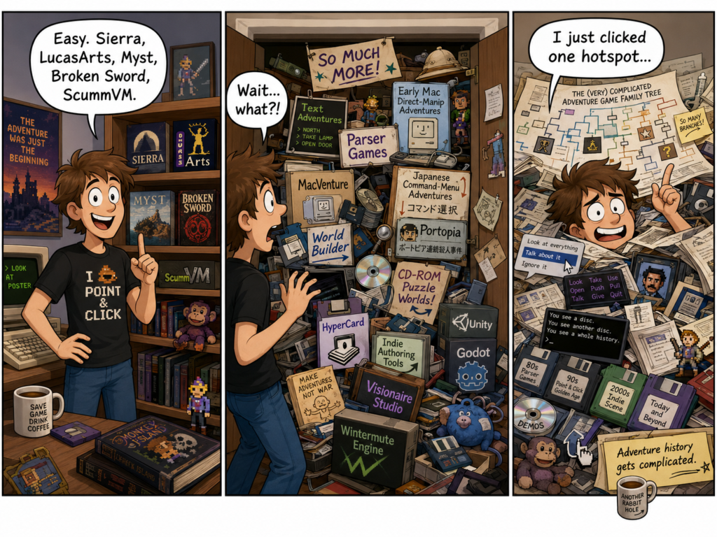 Three-panel comic of a retro-gaming fan explaining point-and-click adventure history. In the first panel, he names a few famous titles and studios. In the second, he opens a packed closet full of forgotten branches like parser games, MacVenture, Portopia, HyperCard, AGS, and Wintermute. In the third, he is buried under a giant adventure-game family tree and says he only clicked one hotspot.