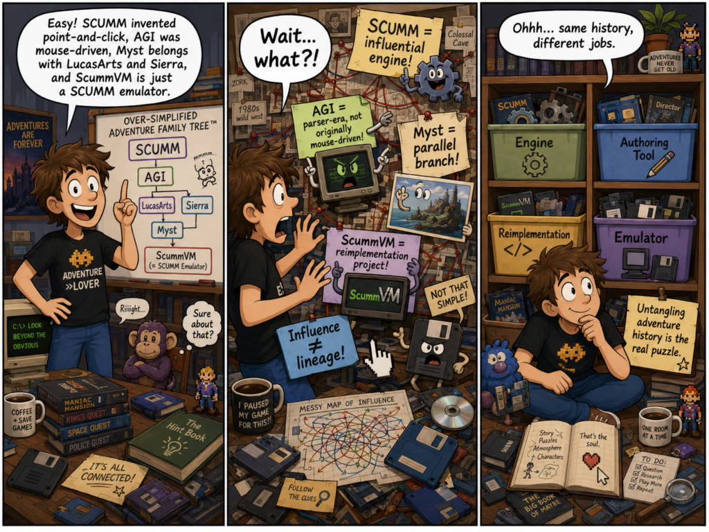 Three-panel comic showing a retro-gaming fan trying to explain point-and-click adventure history. In the first panel, he confidently presents an oversimplified family tree linking SCUMM, AGI, Myst, and ScummVM. In the second, the room erupts with correction notes explaining that influence is not the same as technical lineage. In the third, he sits beside neatly sorted boxes labeled Engine, Authoring Tool, Reimplementation, Emulator, and Design Milestone, finally understanding the difference.