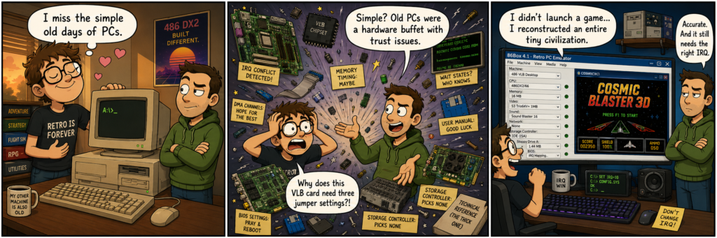 Three-panel comic about recreating an old PC with 86Box