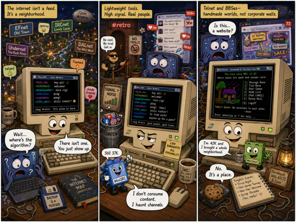 A funny three-panel retro-computing comic where a classic beige computer uses MiniIRC and MiniTelnet to rediscover IRC channels and cozy BBS worlds, while a modern computer struggles with algorithms, feeds, pop-ups, and endless notifications.