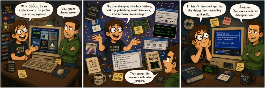 Three-panel comic about exploring old operating systems and the hassles of retro PC emulation.