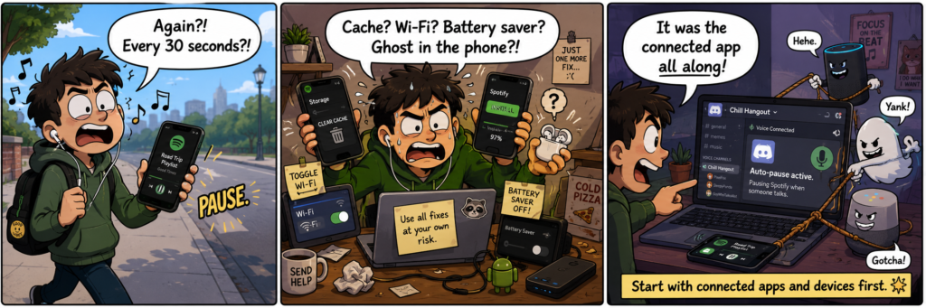 Three-panel comic about Spotify pausing every 30 seconds because of a connected app.
