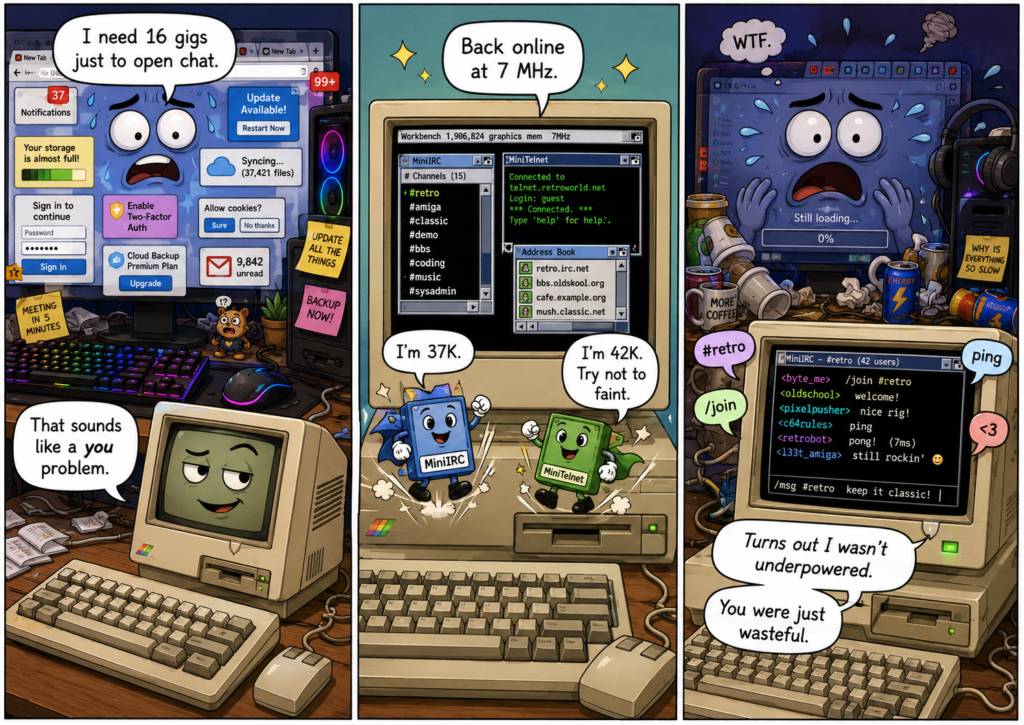 A funny three-panel comic where a bloated modern computer struggles to open chat while a tiny retro 7 MHz computer runs MiniIRC and MiniTelnet smoothly.