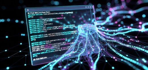 AE-Find-WebLinks PowerShell tool featured image showing a glowing digital web crawler with PowerShell terminal extracting hyperlinks on a dark cyber tech background