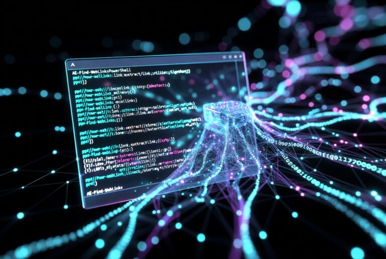 AE-Find-WebLinks PowerShell tool featured image showing a glowing digital web crawler with PowerShell terminal extracting hyperlinks on a dark cyber tech background