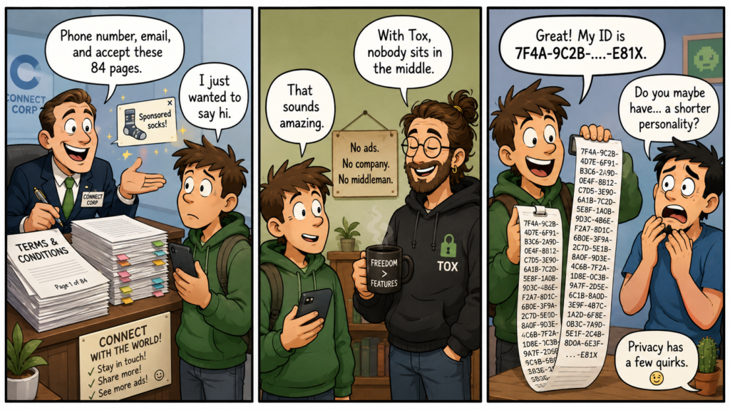 Three-panel comic comparing corporate messaging sign-ups with Tox and its comically long user ID.