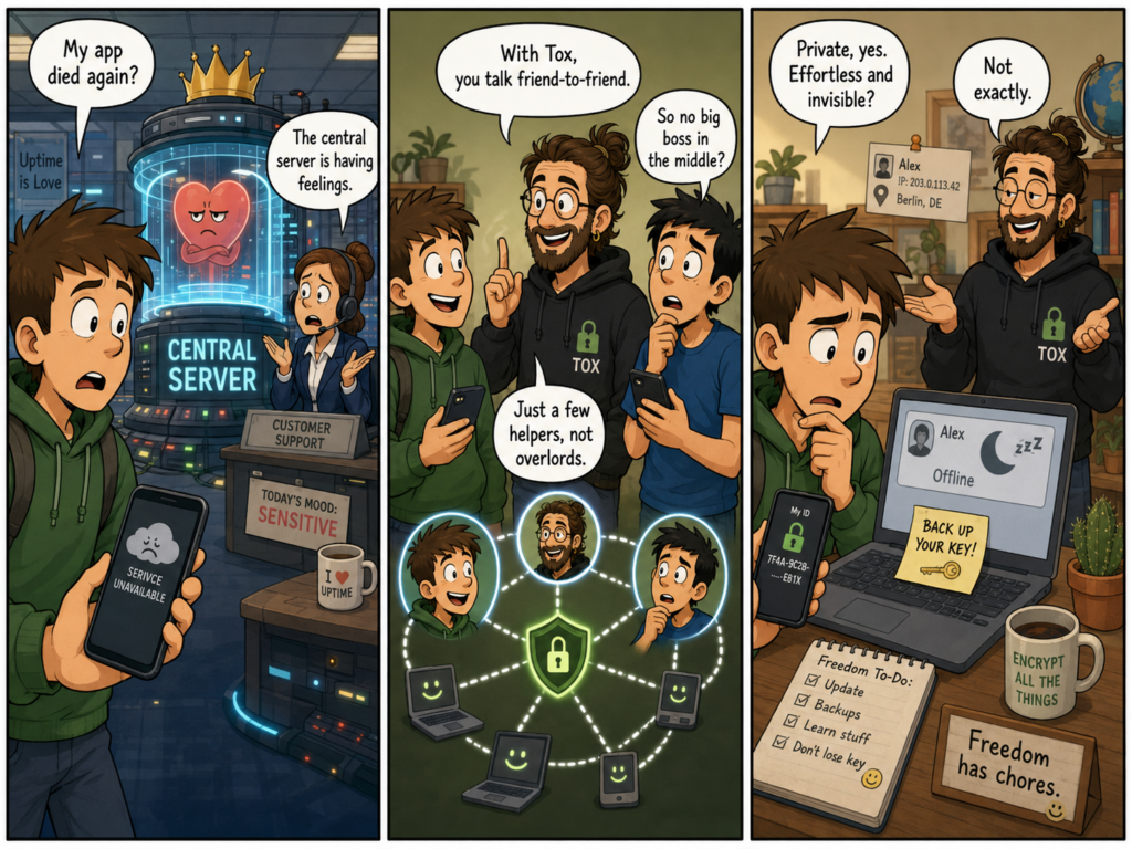 Three-panel comic showing Tox’s peer-to-peer network, privacy benefits and practical inconveniences.