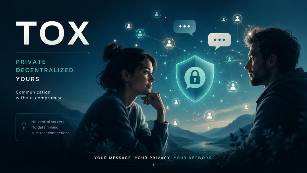 Two people connected by a secure decentralized network, representing private communication through Tox.