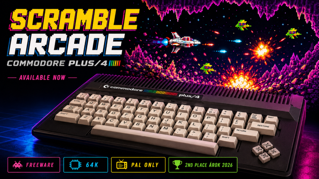 Commodore Plus/4 computer with a colorful retro space shooter scene promoting Scramble Arcade, a 64K PAL-only freeware release.