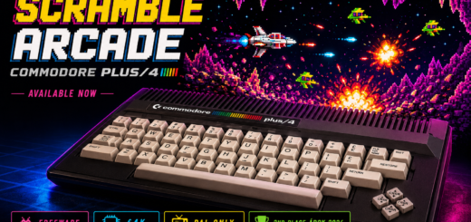 Commodore Plus/4 computer with a colorful retro space shooter scene promoting Scramble Arcade, a 64K PAL-only freeware release.