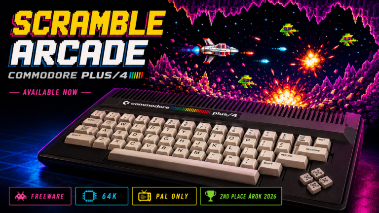Commodore Plus/4 computer with a colorful retro space shooter scene promoting Scramble Arcade, a 64K PAL-only freeware release.
