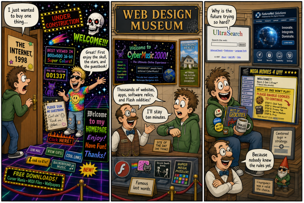Three-panel comic about chaotic early websites and the Web Design Museum.