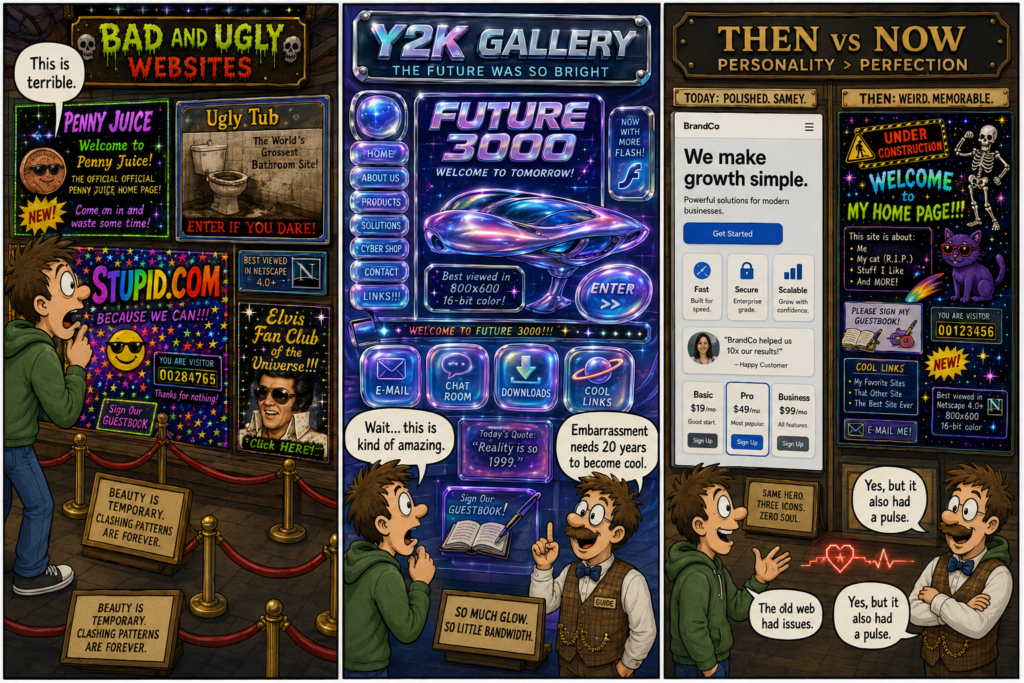 Three-panel comic about ugly websites, Y2K design and old web personality.