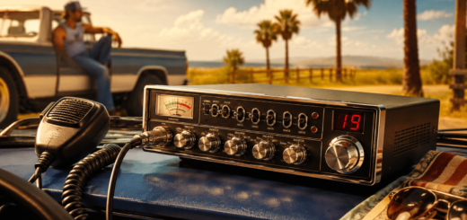 Vintage CB radio with microphone on a vehicle dashboard in a sunny retro setting.