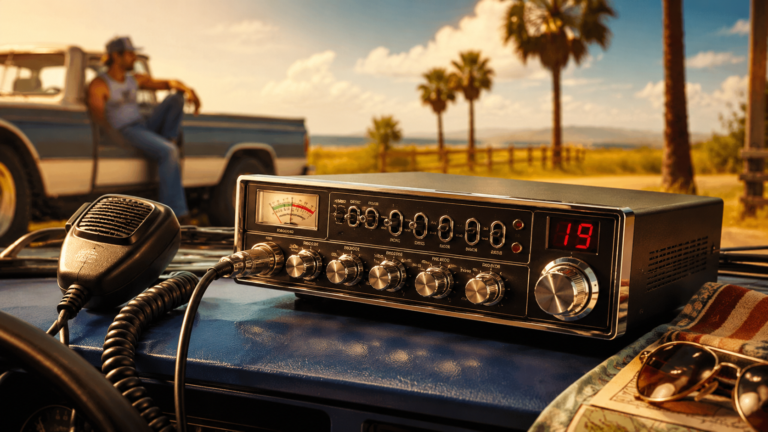 Vintage CB radio with microphone on a vehicle dashboard in a sunny retro setting.