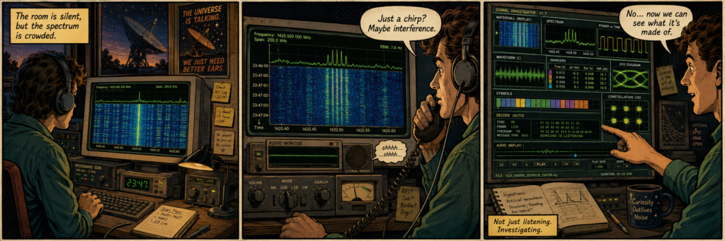 Three-panel 1980s-style comic showing an operator analysing a mysterious radio signal.