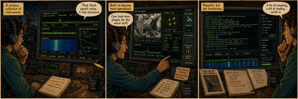 Three-panel 1980s-style comic showing signal analysis tools, plugins and software setup.