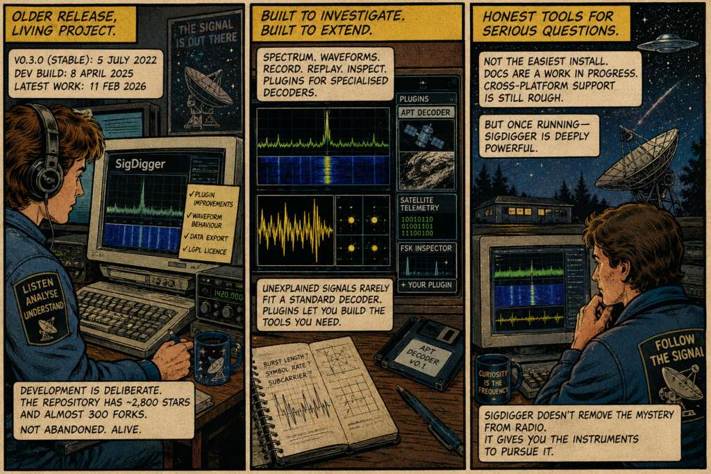Three-panel retro comic showing SigDigger development, signal analysis tools and a radio observatory.