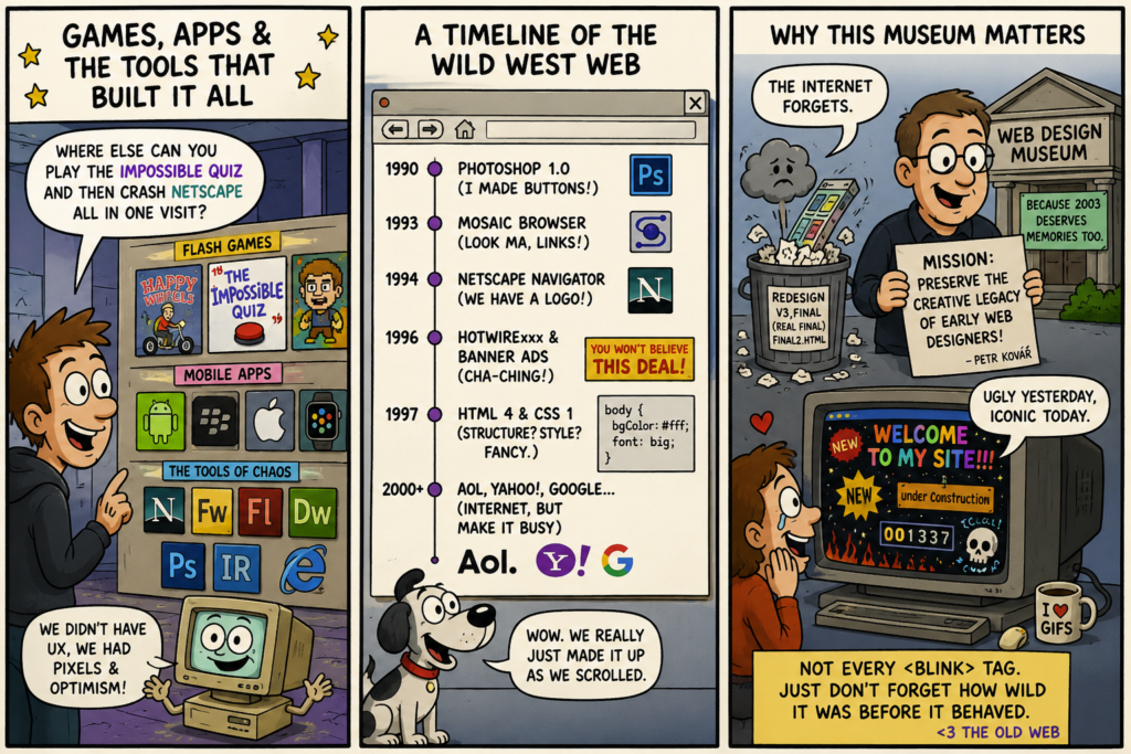 Three-panel comic celebrating Flash games, early web tools and digital preservation.