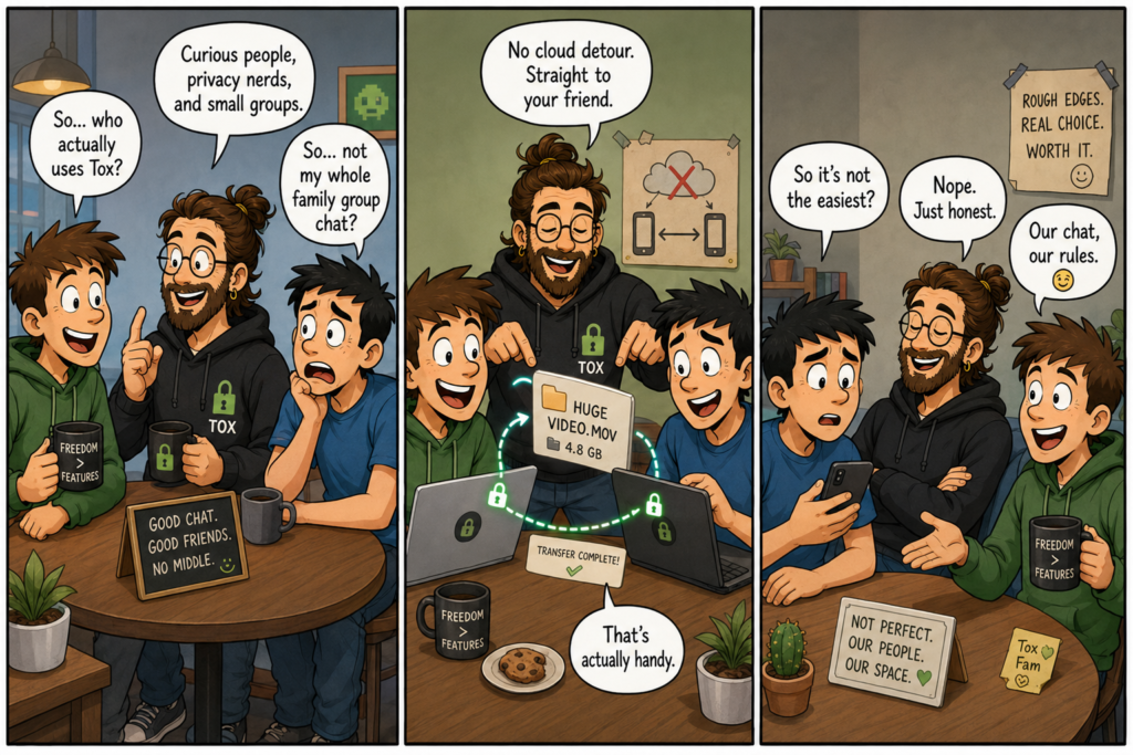 Three-panel comic showing three friends discussing who Tox is for, direct file sharing and its honest trade-offs.