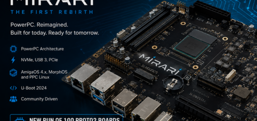 Mirari PowerPC mainboard promotional image highlighting AmigaOS 4.x, MorphOS, PPC Linux, NVMe, USB 3 and PCIe support.