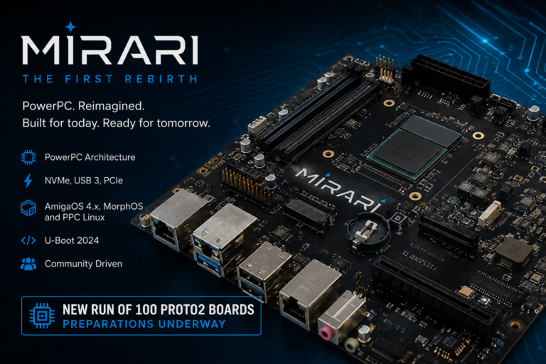 Mirari PowerPC mainboard promotional image highlighting AmigaOS 4.x, MorphOS, PPC Linux, NVMe, USB 3 and PCIe support.