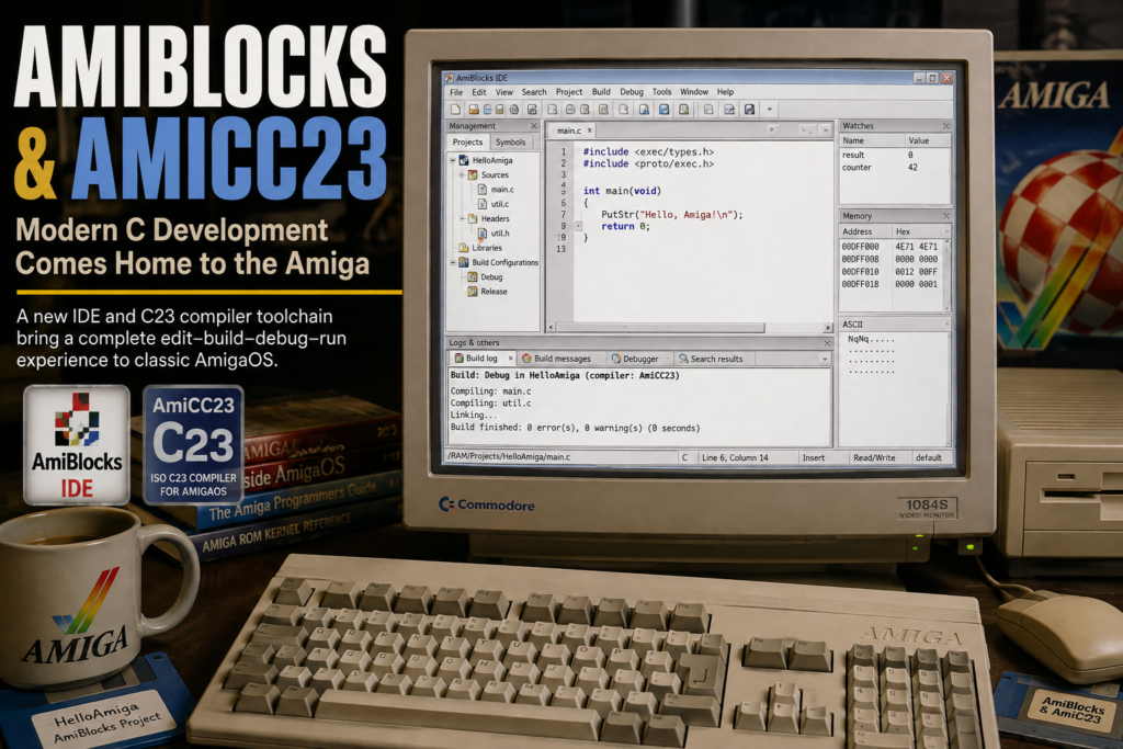 Retro Amiga workstation showing the AmiBlocks IDE and AmiCC23 C compiler running on a classic CRT monitor, with source code, debugging tools and an Amiga keyboard.