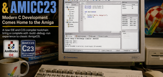 Retro Amiga workstation showing the AmiBlocks IDE and AmiCC23 C compiler running on a classic CRT monitor, with source code, debugging tools and an Amiga keyboard.