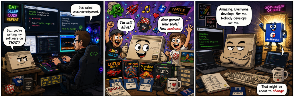 Three-panel comic showing an Amiga watching developers create software for it on modern PCs, celebrating new Amiga software, then discovering AmiBlocks may bring development back onto the Amiga itself.