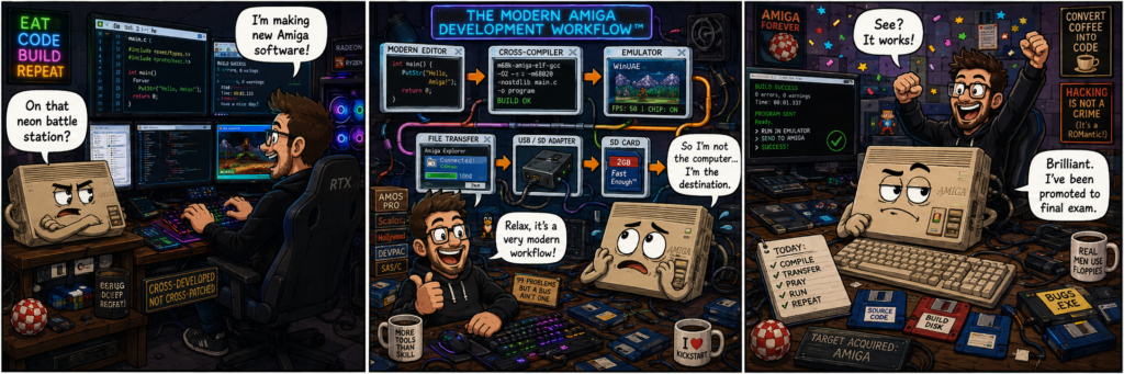 Three-panel comic showing an Amiga frustrated that new software is written on a modern PC, transferred through a cross-development workflow, and only finally tested on the Amiga itself.